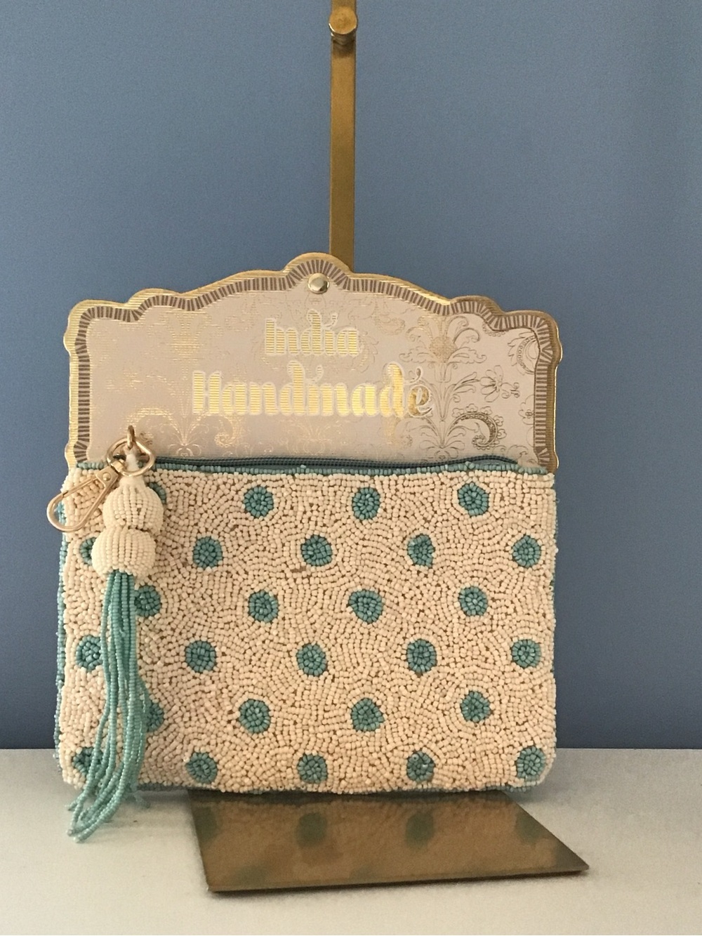 New Handmade Beaded Clutch with Teal Accents